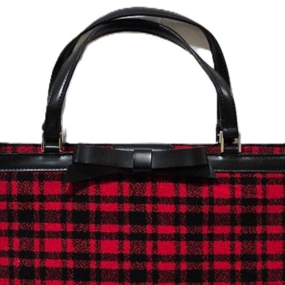 VINTAGE RETRO BLACK RED PLAID VEGAN WOOL & LEATHER HANDBAG - Picture 3 of 6